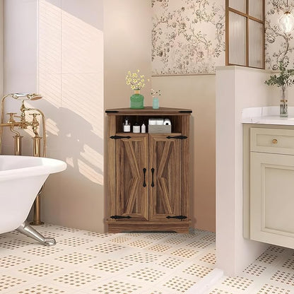 GarveeHome Corner Bathroom Cabinet, Small Corner Cabinet with Barn Doors & Adjustable Shelf, Farmhouse Bathroom Table with Storage for Small Spaces, Kitchen, Living Room, Brown