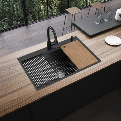 Black Kitchen Sink Workstation, 33x22 Inch Stainless Steel Drop In Kitchen Sink Modern Large Single Bowl Kitchen Sink Gift Combo-SS Grid,Drying Rack,Cutting Board,Soap Dispenser, Drain Strainer Set