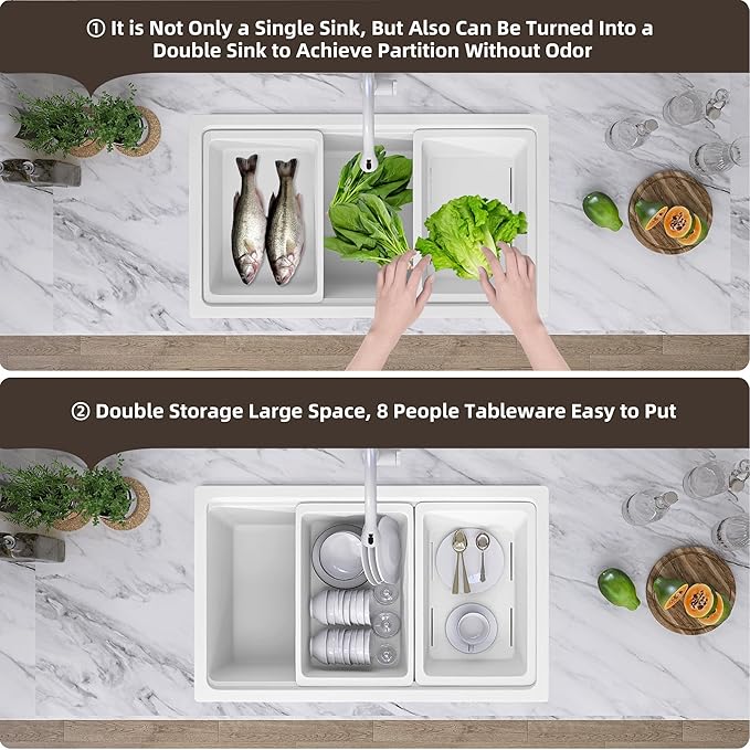 33 in. White Undermount Workstation Kitchen Sink Granite Composite Drop-in Sink Deep Modern Farmhouse Sink Single Bowl 33x19 with Accessory Kit