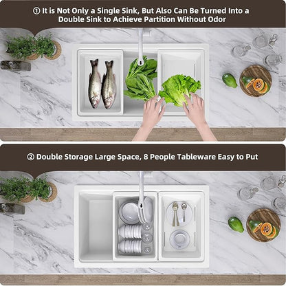 33 in. White Undermount Workstation Kitchen Sink Granite Composite Drop-in Sink Deep Modern Farmhouse Sink Single Bowl 33x19 with Accessory Kit