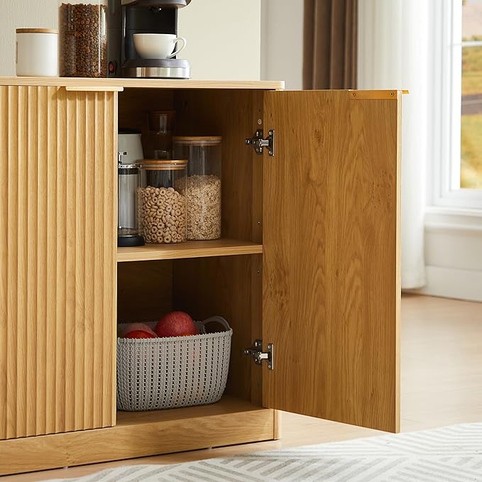 Ball & Cast 67" Modern Fluted Sideboard Buffet Cabinet with Storage,Curved Design Kitchen Coffee Bar Cabinet with 6 Doors & Shelves,Wood Credenza Cabinets Media Console for Living Room,Natural