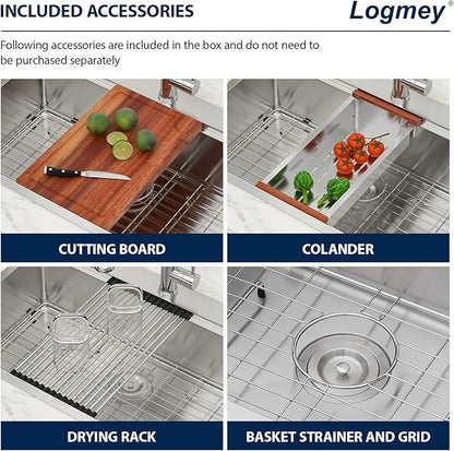 Logmey 36 Inch Drop in Workstation Kitchen Sink,16 Gauge SUS304 Stainless,36x22x9 Large Single Bowl Sinks for Effortless Meal Prep & Baking,Complete All-In-One Sink Kit