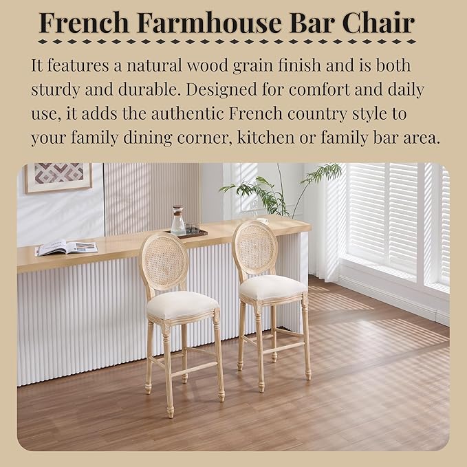 French Country Bar Chairs Set of 2, 30 Inch Upholstered Counter Stools with Natural Rattan Round Back, Solid Wood Frame & Cotton Linen for Kitchen Island, Dining Room, Bistro, Beige