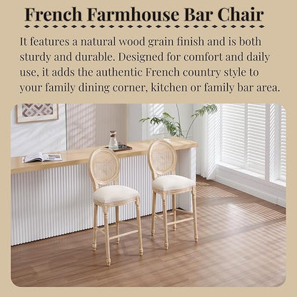 French Country Bar Chairs Set of 2, 30 Inch Upholstered Counter Stools with Natural Rattan Round Back, Solid Wood Frame & Cotton Linen for Kitchen Island, Dining Room, Bistro, Beige