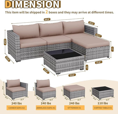 UDPATIO 5 Piece Patio Furniture Set, All-Weather Wicker Outdoor Sectional Sofa, L Shaped Outdoor Conversation Couch with Ottoman, Glass Table for Balcony Porch Backyard, Khaki
