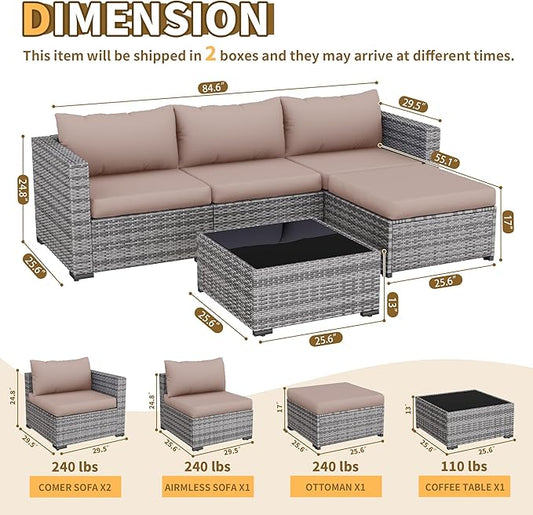 UDPATIO 5 Piece Patio Furniture Set, All-Weather Wicker Outdoor Sectional Sofa, L Shaped Outdoor Conversation Couch with Ottoman, Glass Table for Balcony Porch Backyard, Khaki