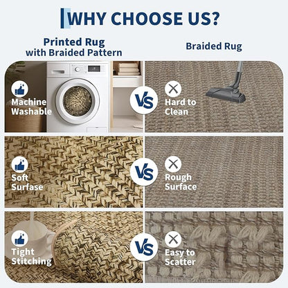 Imitation Braided Collection-Print 4x6 Bedroom Washable Area Rug Dining Room Throw Carpet with Non Slip Rubber Backing, Farmhouse Soft Low Pile Rustic Accent Rug for Living Room Home Decor