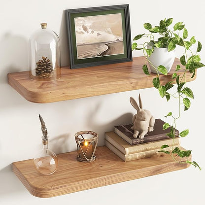 Reclaimed Elm Wood Floating Shelves for Wall Round Edge, 24"W x 9.2"D x 1.37"H, Set of 2 with Invisible Bracket, Wall Mounted Shelves for Living Room Bedroom Kitchen Bathroom Decor, Natural Finish