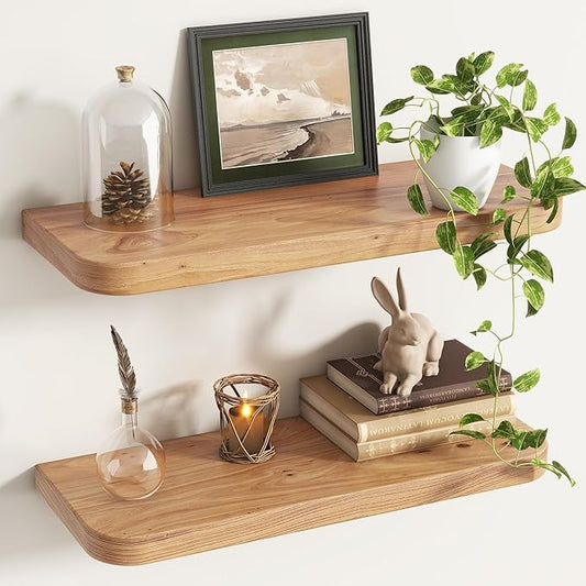 Reclaimed Elm Wood Floating Shelves for Wall Round Edge, 24"W x 9.2"D x 1.37"H, Set of 2 with Invisible Bracket, Wall Mounted Shelves for Living Room Bedroom Kitchen Bathroom Decor, Natural Finish