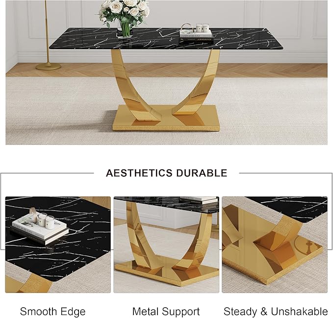 Modern Kitchen Table, Faux Marble Dining Table with 0.4" Thick Tempered Glass Top, 71" Black Dining Room Table with Gold U-Shaped Metal Base for Kitchen Dining Room