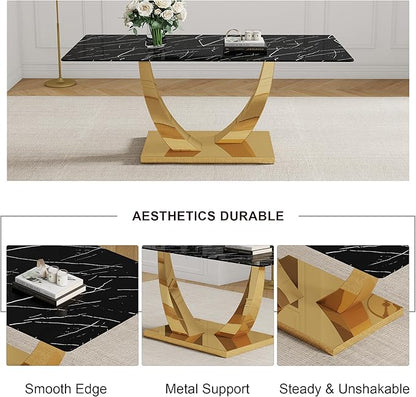 Modern Kitchen Table, Faux Marble Dining Table with 0.4" Thick Tempered Glass Top, 71" Black Dining Room Table with Gold U-Shaped Metal Base for Kitchen Dining Room
