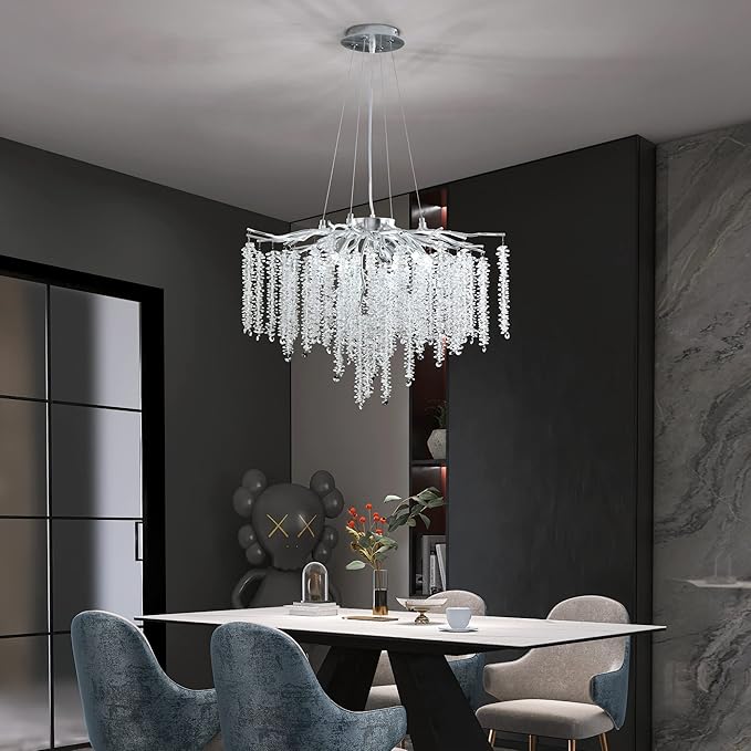 Tree Branch Chandelier Silver D23.7 Modern Round Raindrop Crystal Chandelier Ceiling Pendant Light Fixtures for Dining Room, Kitchen Island, Bedroom, Living Room