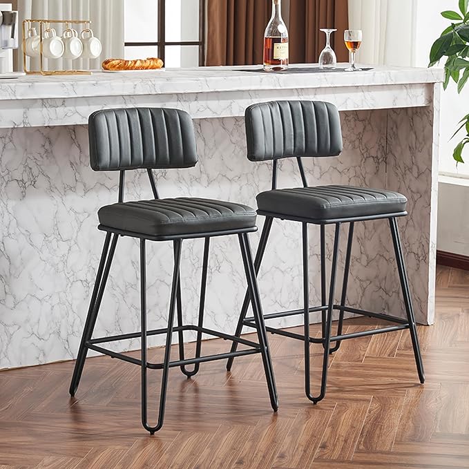 Bar Stools Set of 2, Counter Height Chairs with PU Leather Upholstery Metal Frame, Vintage Bar Chairs with Backrest Footrest for Kitchen Island, Dining Room, Home Bar, Grey