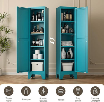 LCAOPC 67" Tall Narrow Bathroom Metal Storage Cabinet with 4 Adjustable Shelves, Freestanding 5 Tier Slim Pantry Storage Cabinet for Small Space, Peacock