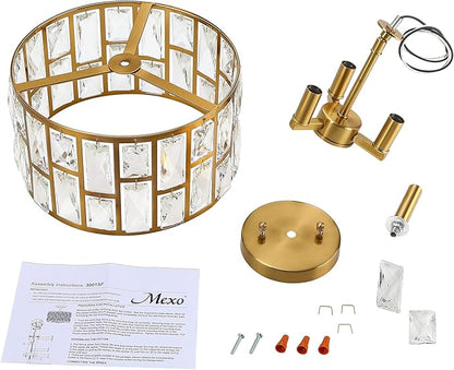 MEXO Gold Finish 3LT Crystal Semi Flush Mount Ceiling Light Fixture, Cylinder Drum Shade, Close to Ceiling, Perfect for Kitchen, Dining Room, Bedroom, Living Room, Entryway, Foyer
