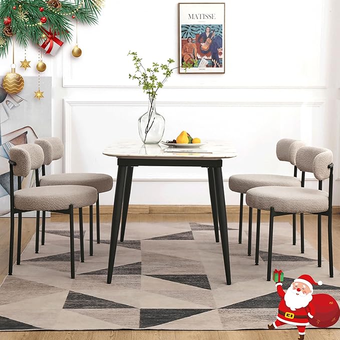 EDWELL Boucle Dining Chairs Set of 4, Modern Dining Room Chairs with Thick Cushions, Round Upholstered Kitchen Chairs with Black Metal Legs for Dining Room, Kitchen, Living Room, Grey
