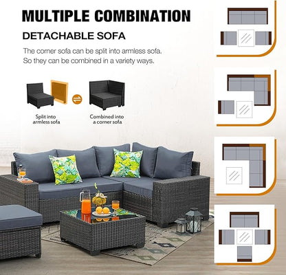JOYURE 6 Pieces Patio Furniture Set All-Weather Outdoor Wicker Sectional Conversation Sofa Rattan Patio Seating Sofa with Cushion and Glass Table for Porch Poolside,Grey