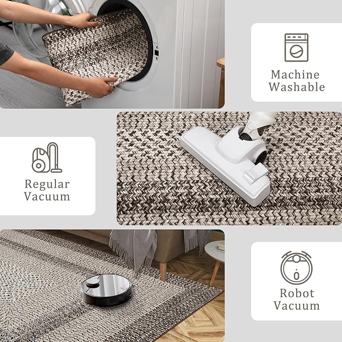 Imitation Braided Collection-Print Modern Area Rug 5x7 Washable Rug Non Slip Non Shedding Farmhouse Floor Cover, Ultra-Thin Foldable Carpet for Bedroom, Living Room Dining Room