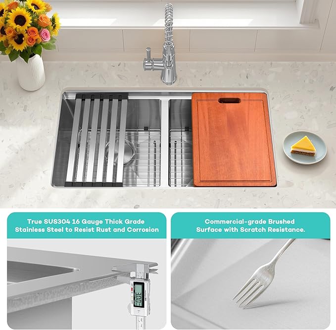 MILOSEN 32''x18'' Double Bowl Undermount Kitchen Sink, T304 Stainless Steel 50/50 Workstation Sink with 10'' Deep Basins & Custom Accessories, Large Handmade Sinks, Modern & Stylish Design