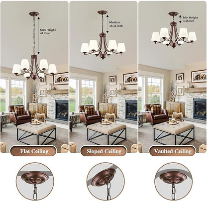 Oil-Rubbed Bronze Farmhouse Chandelier for Dining Room Hanging Lighting Fixtures 6-Light Chandelier with Frosted Glass Shade, Rustic Pendant Light for Kitchen Island Adjustable Height 47.2’’