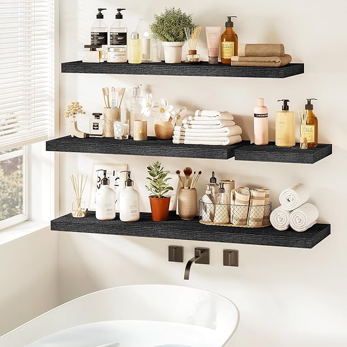 Vivelove Floating Shelves 16 Inch, Wall Shelves Over Toilet with Invisible Brackets for Bathroom Living Room Kitchen Bedroom Office Farmhouse Home Decor, 16" X 9.3" X 1.5" - Set of 2, Black