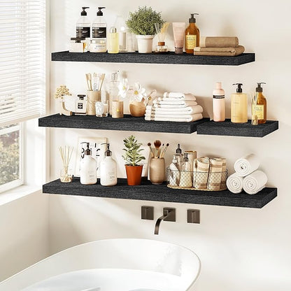 Vivelove Floating Shelves 16 Inch, Wall Shelves Over Toilet with Invisible Brackets for Bathroom Living Room Kitchen Bedroom Office Farmhouse Home Decor, 16" X 9.3" X 1.5" - Set of 2, Black