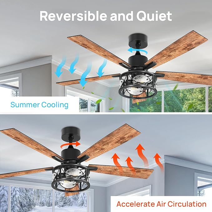 Consciot Ceiling Fan With Lights, 52'' Farmhouse Indoor Ceiling Fan With Remote, Quiet Reversible DC Motor, 5 Double Finish Wood Blades, Easy Install, Dimmable 2*E26 Bulbs(not included), Light Brown