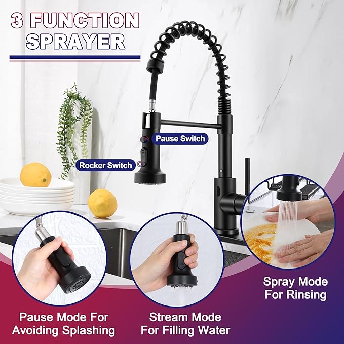 Herogo Touchless Kitchen Faucets with Soap Dispenser, Motion Sensor Activated Commercial Stainless Steel Sink Faucets with Pull Down Sprayer, Matte Black Single Handle Faucets for Vanity Farmhouse RV