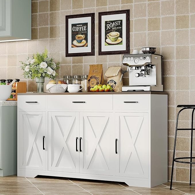 Modern Buffet Sideboard Kitchen Storage Cabinet With 3 Drawers, 55" Large Farmhouse Buffet Cabinet With Shelves and Doors, Wood Coffee Bar for Living Room Dining Room Hallway (White Wood Color)