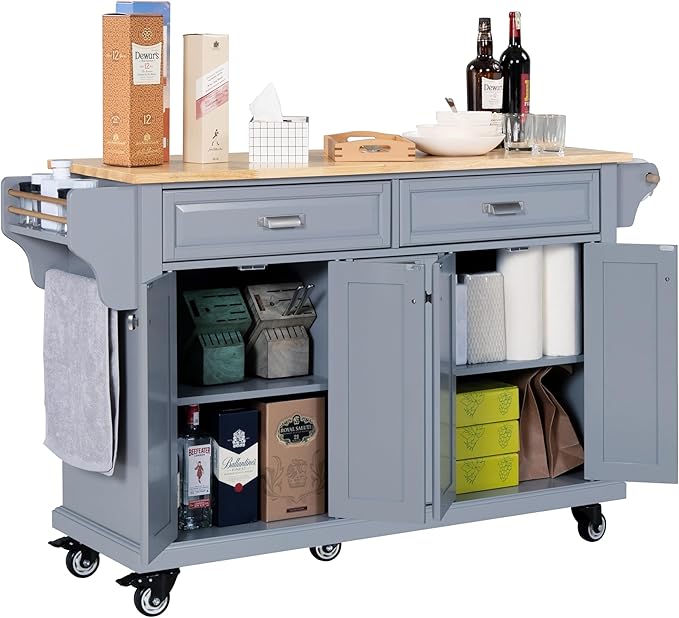 GOWE Kitchen Island with Rubber Wood Countertop, Kitchen Cart on 5 Wheels with Storage Cabinet and 2 Top Drawers and A Center Double Layered Storage Drawer for Dinning Room, Grey