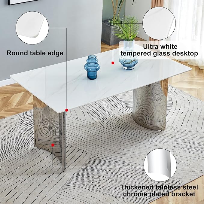 gopop 71'' Modern Dining Table for 6,Marble Dining Table with 0.39-Inch Thick Glass Tabletop and Chrome-Plated Stainless Steel Base,White Large Dinner Table Ideal for Kitchen Home Office