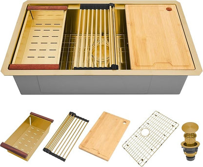 33 Inch Gold Undermount Kitchen Sink, NANO-PVD 304 Stainless Steel Sinks 16 Gauge Single Bowl Ledge Workstation With Accessories, 33"x19"x9" Inch Large and Deep Basin
