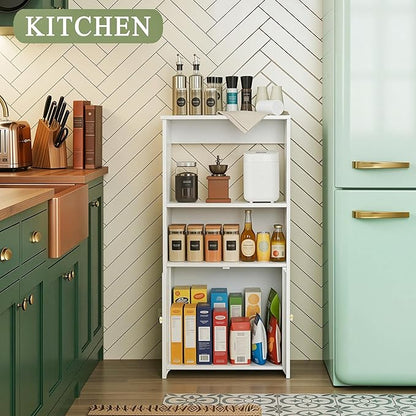 BYFU Bathroom Storage Cabinet, 4-Tier White Small Floor Cabinet Freestanding Organizer with Door and Shelf for Living Room Hallway Kitchen Small Space