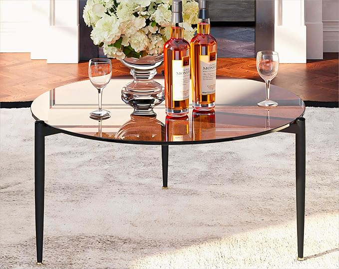 Round Tempered Glass Table 31.5 inch Large Circle Top Metal Frame Brown