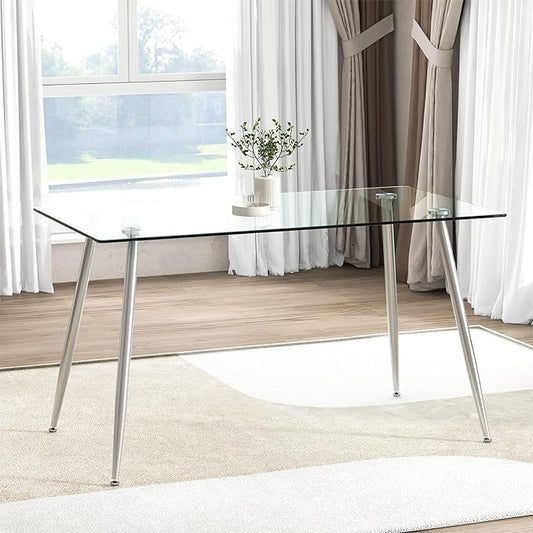 Moccha 51” Glass Dining Table, Modern Rectangular Table with Spacious Tempered Glass Tabletop & Sliver Metal Legs, Adjustable Foot Pads, Transparent Kitchen Table for Home Office