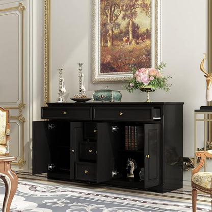 ECACAD Sideboard Buffet Cabinet with 4 Storage Compartments & 5 Drawers, Kitchen Console Table Storage Cabinet Coffee Bar for Living Room, Hallway, Black
