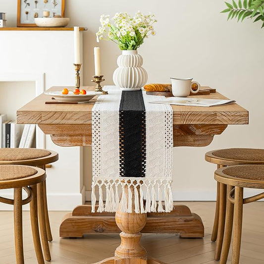 FEXIA Boho Table Runner for Christmas Home Decor with Tassels 72 Inches Long Farmhouse Rustic Black Halloween Table Runner Macrame Burlap Table Decoration for Living Room Bridal Shower(12x72 Inches)