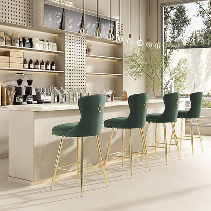 Bar Stools Set of 2, Velvet Counter Height Bar Stools with Metal Legs, Button Tufted and Nailheads Trim, Wing Back Bar Chairs for Kitchen Island Dining Room Pub, Green