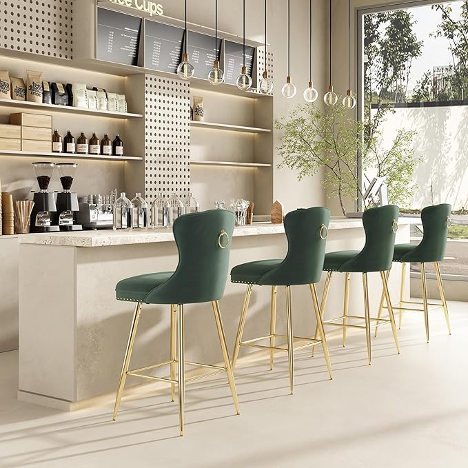Bar Stools Set of 2, Velvet Counter Height Bar Stools with Metal Legs, Button Tufted and Nailheads Trim, Wing Back Bar Chairs for Kitchen Island Dining Room Pub, Green