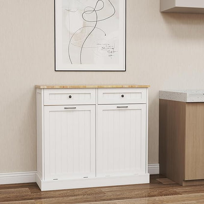 Ball & Cast Double Tilt Out Trash Cabinet, Multifunctional White Hidden Garbage Can Cabinet, Wooden Trash Can for Kitchen, Bathroom and Living Room
