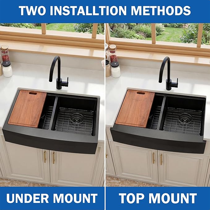 33 Inch Black Farmhouse Sink Undermount Double Bowl, 16 Gauge 50/50 Stainless Steel Apron Front Workstation Far Sink, 33"x20"x10" Large and Deep Kitchen Sink With Accessories