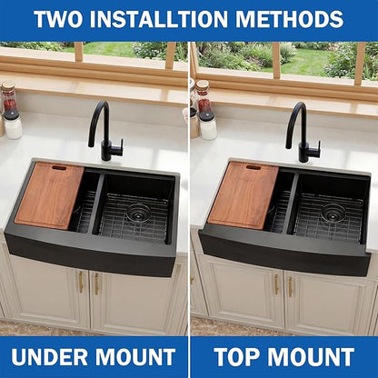 33 Inch Black Farmhouse Sink Undermount Double Bowl, 16 Gauge 50/50 Stainless Steel Apron Front Workstation Far Sink, 33"x20"x10" Large and Deep Kitchen Sink With Accessories