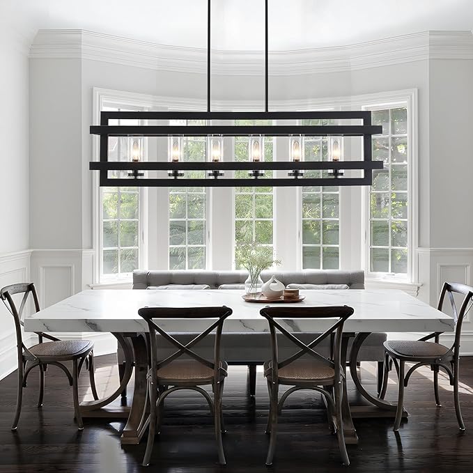 41" Black Pendant Lights Kitchen Island, Dining Room Light Fixtures 6-Light Rectangle Glass Shade Kitchen Island Lighting, Large Chandeliers for Dining Room with Adjustable Height