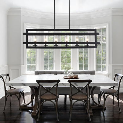 41" Black Pendant Lights Kitchen Island, Dining Room Light Fixtures 6-Light Rectangle Glass Shade Kitchen Island Lighting, Large Chandeliers for Dining Room with Adjustable Height