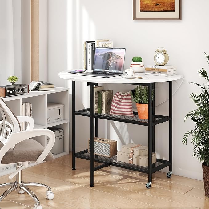 Giantex 40" Folding Dining Table with Lockable Wheels, Storage Shelves, Space-Saving Drop Leaf, Movable & Expandable Round Kitchen Table for Dinette Small Place Apartment Living Room (White)