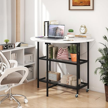 Giantex 40" Folding Dining Table with Lockable Wheels, Storage Shelves, Space-Saving Drop Leaf, Movable & Expandable Round Kitchen Table for Dinette Small Place Apartment Living Room (White)