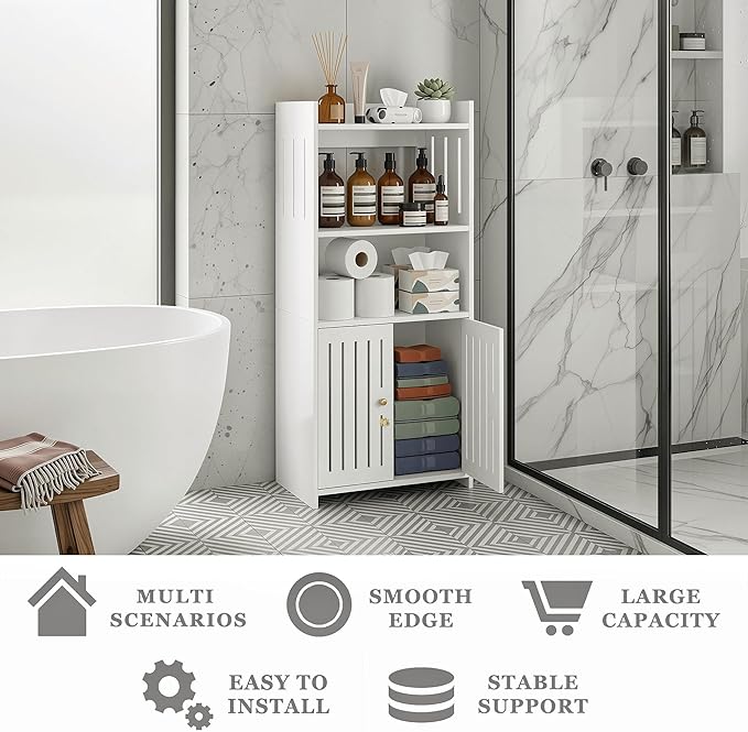 HAYOFAMY Bathroom Storage Cabinet, 4-Tier White Floor Cabinet Freestanding Organizer with Door for Living Room Kitchen Small Space (8.7" D x 14.2" W x 29.5" H)