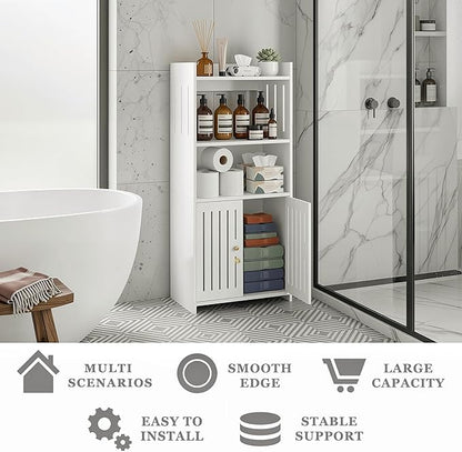 HAYOFAMY Bathroom Storage Cabinet, 4-Tier White Floor Cabinet Freestanding Organizer with Door for Living Room Kitchen Small Space (8.7" D x 14.2" W x 29.5" H)