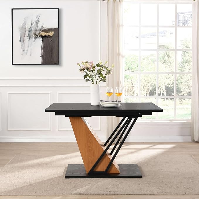 62" Extendable Island Table, Rustic Dining Table with Metal Frame, Mid Century Dining Table with MDF Top for Kitchen Dining Office, Black Brown