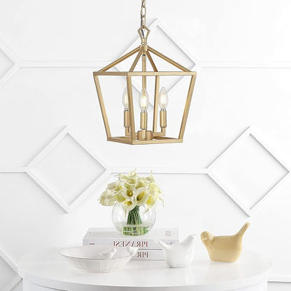 JONATHAN Y 10" Brass Gold 3-Light Pagoda LED Pendant Lantern, Classic Modern Farmhouse Chandelier for Kitchen Island, Dining Room, Entry, Foyer, Rustic Iron Frame (JYL7601B)